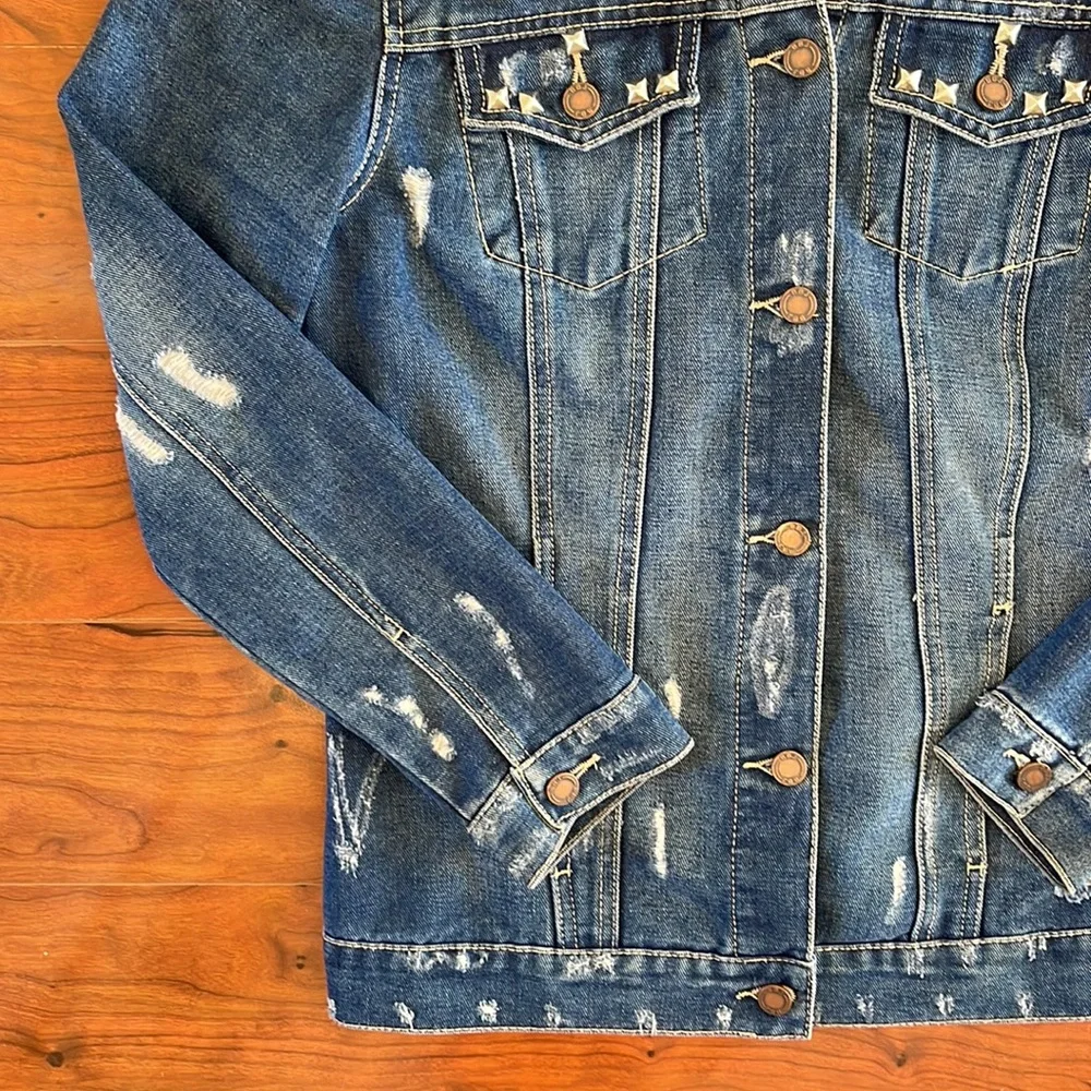 BBJ Total Destruction Oversized Denim Dark Wash Distressed Jean Jacket - Picture 3 of 9
